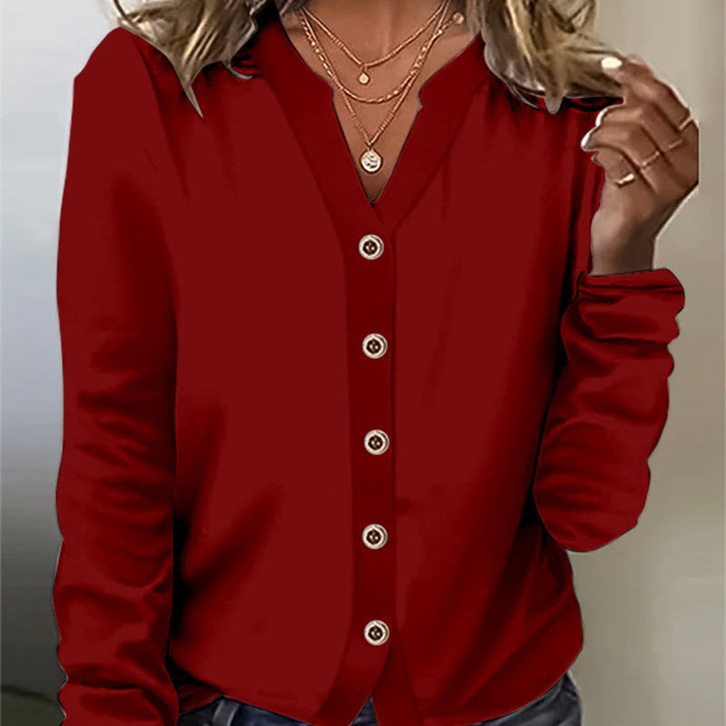 Women's Fashion Casual V-neck Breasted Long Sleeve Top