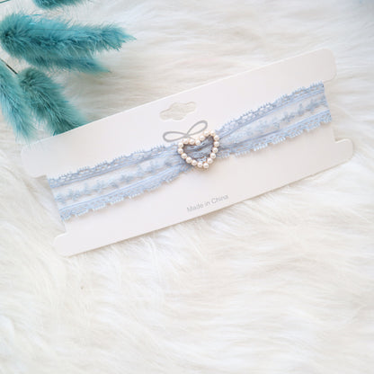 Sweet Accessory Gray Blue Lace Ribbon Pearl Choker Necklace