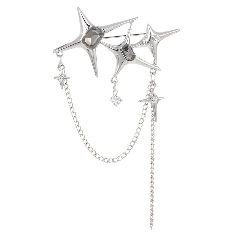 Four Eight-pointed Stars Zircon Chain Brooch For Women