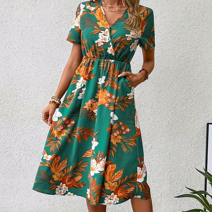 V-neck Short Sleeve Printed Midi Dress