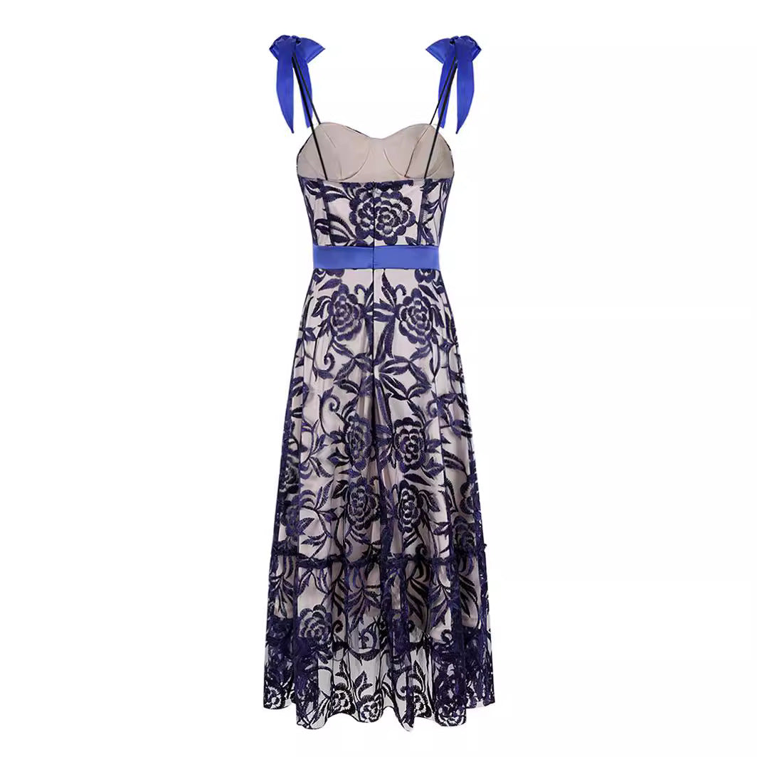 Blue Embroidered Printed Sling Backless Long Women's Dress