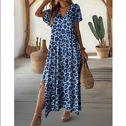 European And American Leisure Loose Printed V-neck Short Sleeve Dress