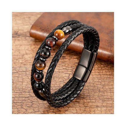 Men's Tigereye Bead Stainless Steel Magnetic Snap Bracelet