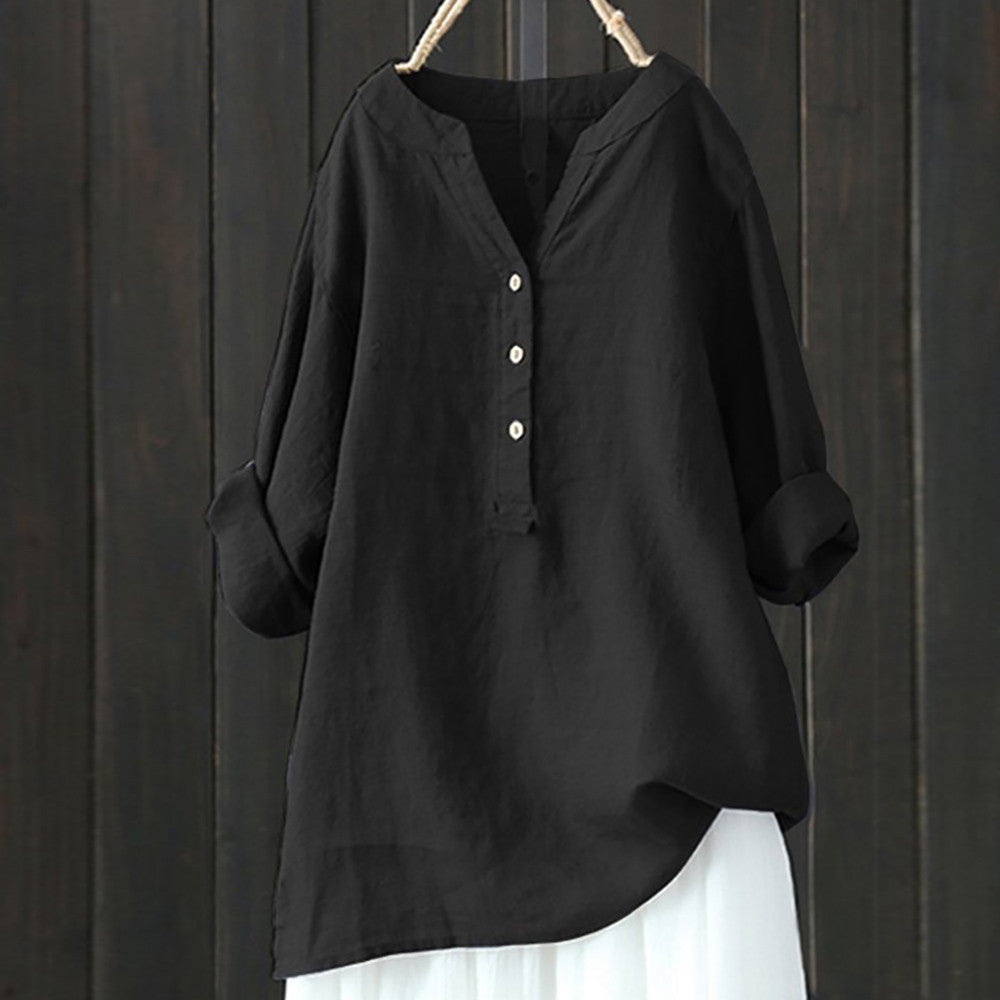 Loose Solid Color Stand Collar Button Long Sleeve Cotton And Linen Top