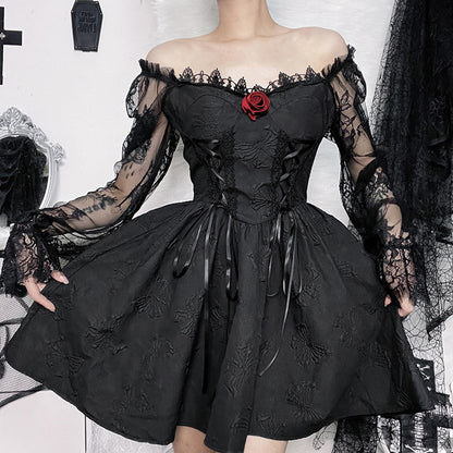 Dark Design Princess Slimming Three-dimensional Flower Lace Long Sleeve Temperament Dress