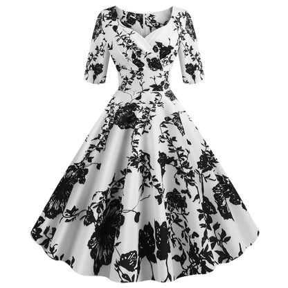 Hepburn Style Vintage Skirt V-neck Half Sleeves Printed Large Swing Dress