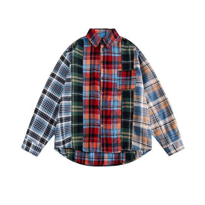 Women's Fashion Retro Spliced Plaid Blouse