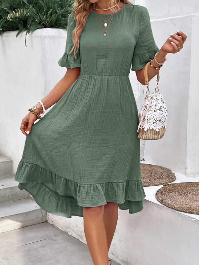 Large Swing Solid Color Waist Tight Casual Pleated Round Neck Flared Short Sleeve Cotton And Linen Dress