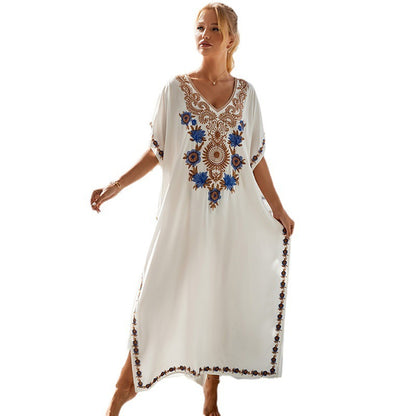 Women's Seaside Vacation Cotton Embroidered Long Skirt Beach Cover-up