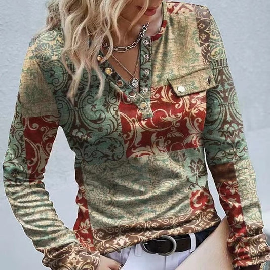 Women's Long-sleeved Printed Ethnic Fashion T-shirt