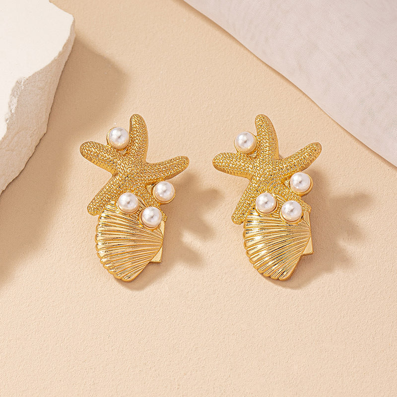 Beach Style Starfish Shell Earrings Female Vintage Pearl Ear Studs