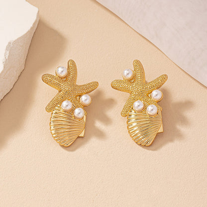 Beach Style Starfish Shell Earrings Female Vintage Pearl Ear Studs