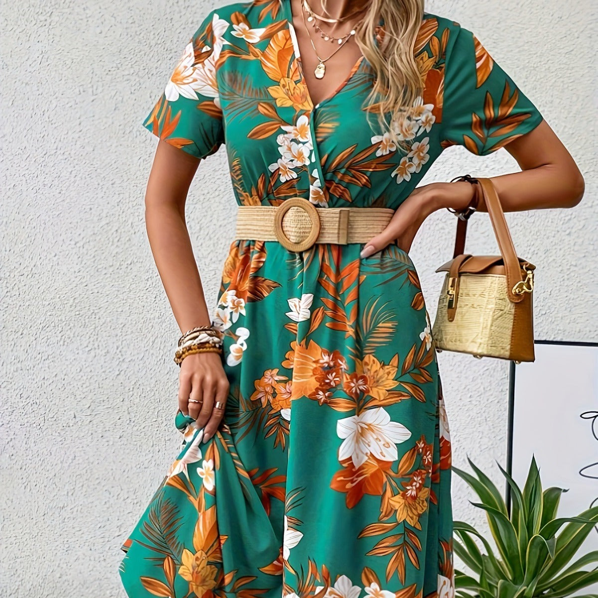 V-neck Short Sleeve Printed Midi Dress