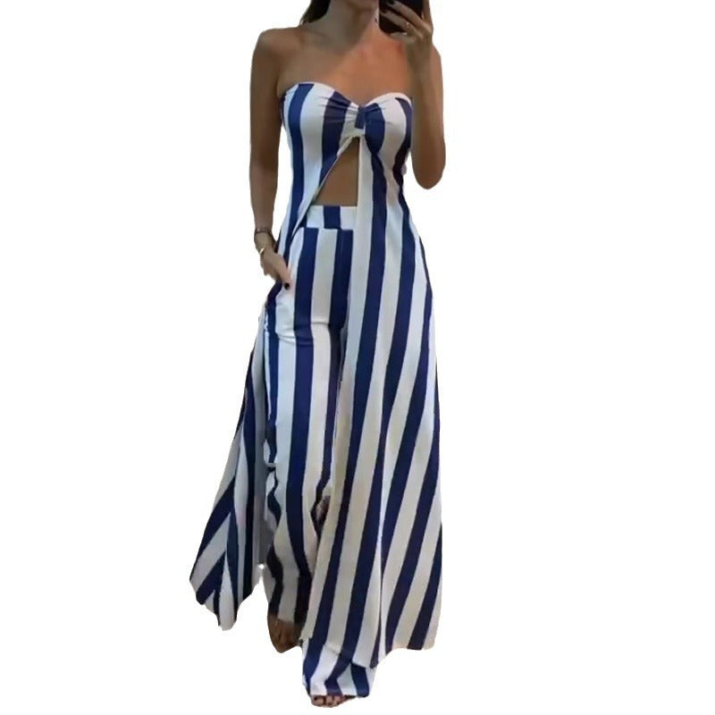 Fashion Striped Sexy Crop Top Skort Suit