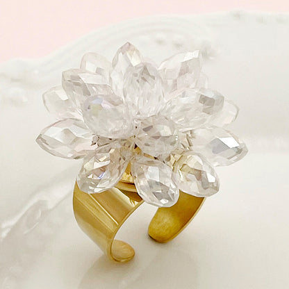 Stainless Steel Metal Coral White Crystal Zircon Flower Ring