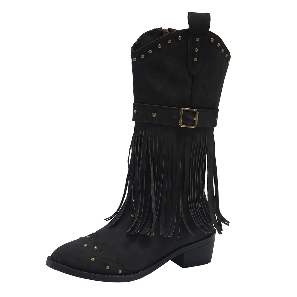 Retro Tassel Boots With Rivet Strap Buckle Design Shoes For Women Winter Footwear Fashion Mid-calf Square Heel Knight Western Boots