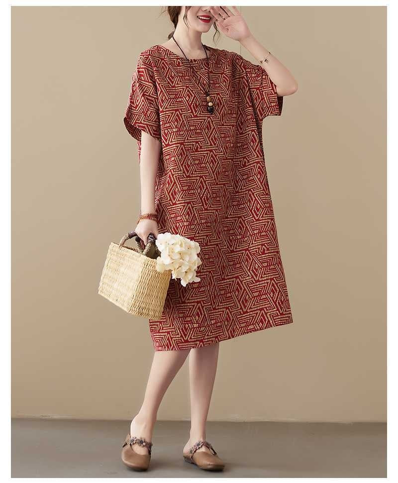 Thin Cotton Cable Loose-fitting Short Sleeve Over The Knee Dress