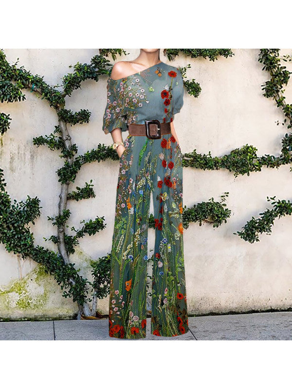 European American Fashion Floral Print One-shoulder High Waist Jumpsuit For Women