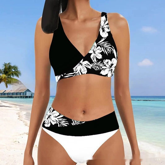 European And American Swimwear Halter Lace-up Printed Swimsuit