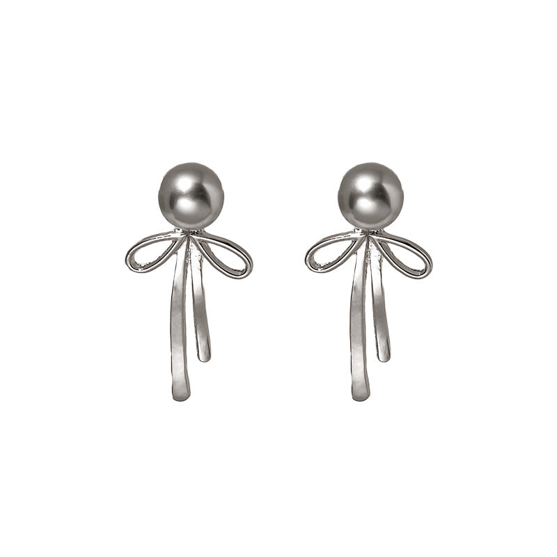 Silver Needle Niche Bow Earrings Female Pearl