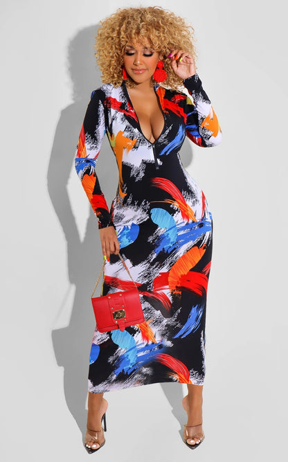 Printed Zipper Double-sided Long Sleeve Dress