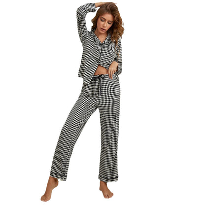 Pajamas Women's Black And White Plaid Cardigan Long Sleeve Pants Homewear