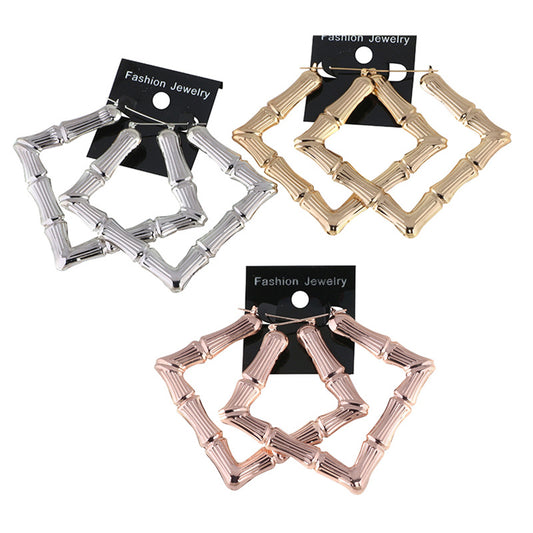 European And American Shaped Exaggerated Large Square Golden Bamboo Earrings