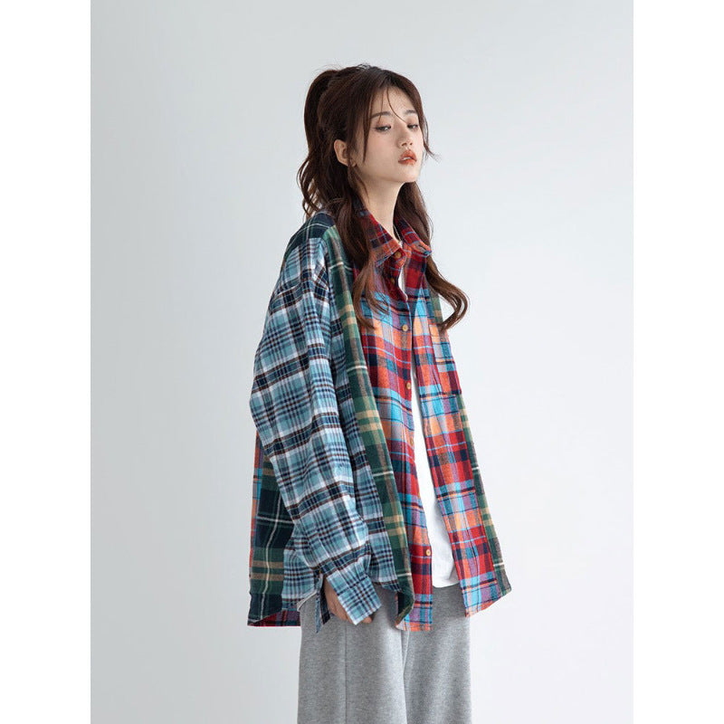 Women's Fashion Retro Spliced Plaid Blouse