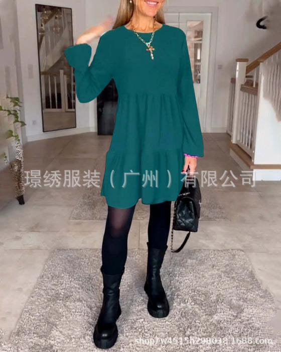 Round Neck Solid Color Stitching Long Sleeve Loose Dress Women