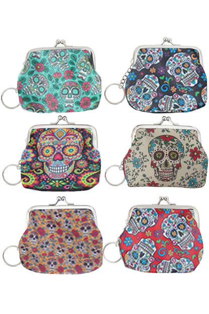 Cap Zone - Sugar Skull Print PU Kiss-Lock Coin Pouch Bag