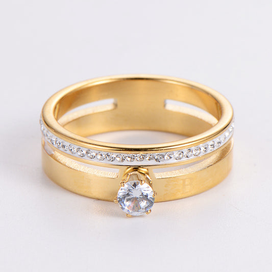 Fashion Stainless Steel Hollow Double Layer Rhinestone Ring