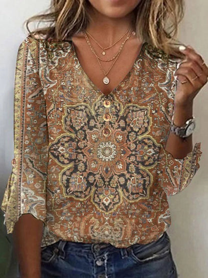 V-neck Flared Sleeves Printed T-shirt Top