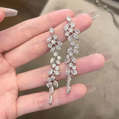 Women's Light Luxury Crystal Diamond Leaf Tassel Earrings