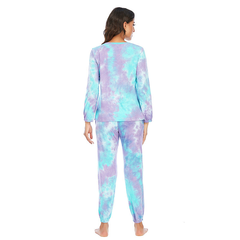 Women's Fashion Casual Tie-dye Pajamas Long Sleeve Trousers Suit