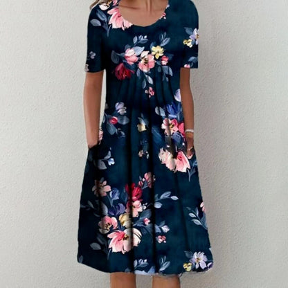 Printed Round Neck Short Sleeve Plus Size Printed Dress