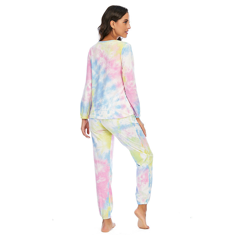 Women's Fashion Casual Tie-dye Pajamas Long Sleeve Trousers Suit