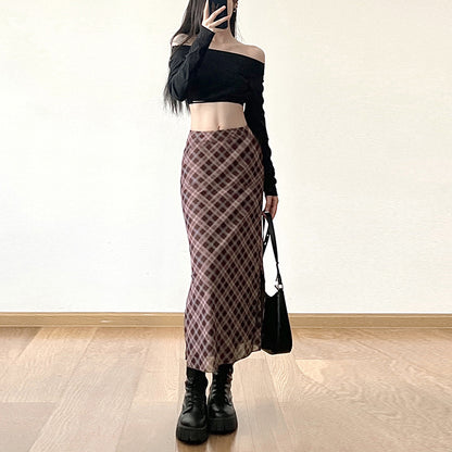 Preppy Style Retro Plaid Printed All-matching Slim Fit High Waist Slit Skirt