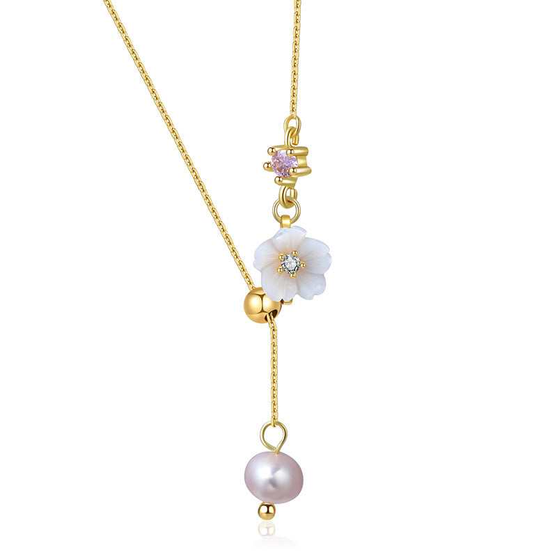 Natural Pearl Women's Shell Flower Tassel Adjustable Clavicle Chain