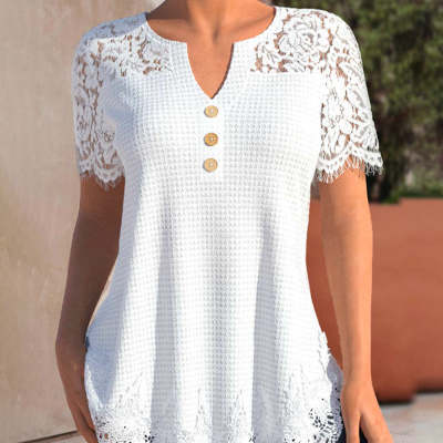 Plus Size Women's Knitted Lace Stitching Lace Short-sleeved T-shirt