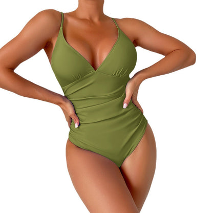 Women's Deep V Pure Color Ribbon Chest Pad One-piece Swimsuit
