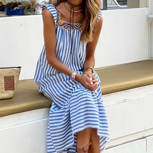 Square Collar Striped Lace-up Dress Mid-length Women