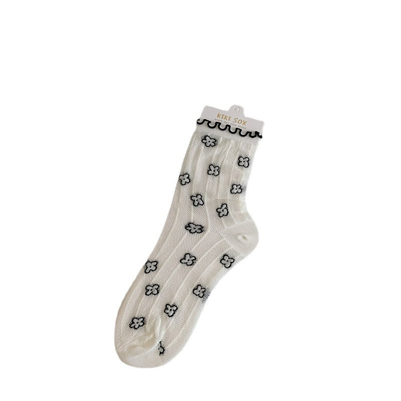 Mesh Stockings Children's College Style Wooden Ear Vertical Stripes Small Flower Tube Socks