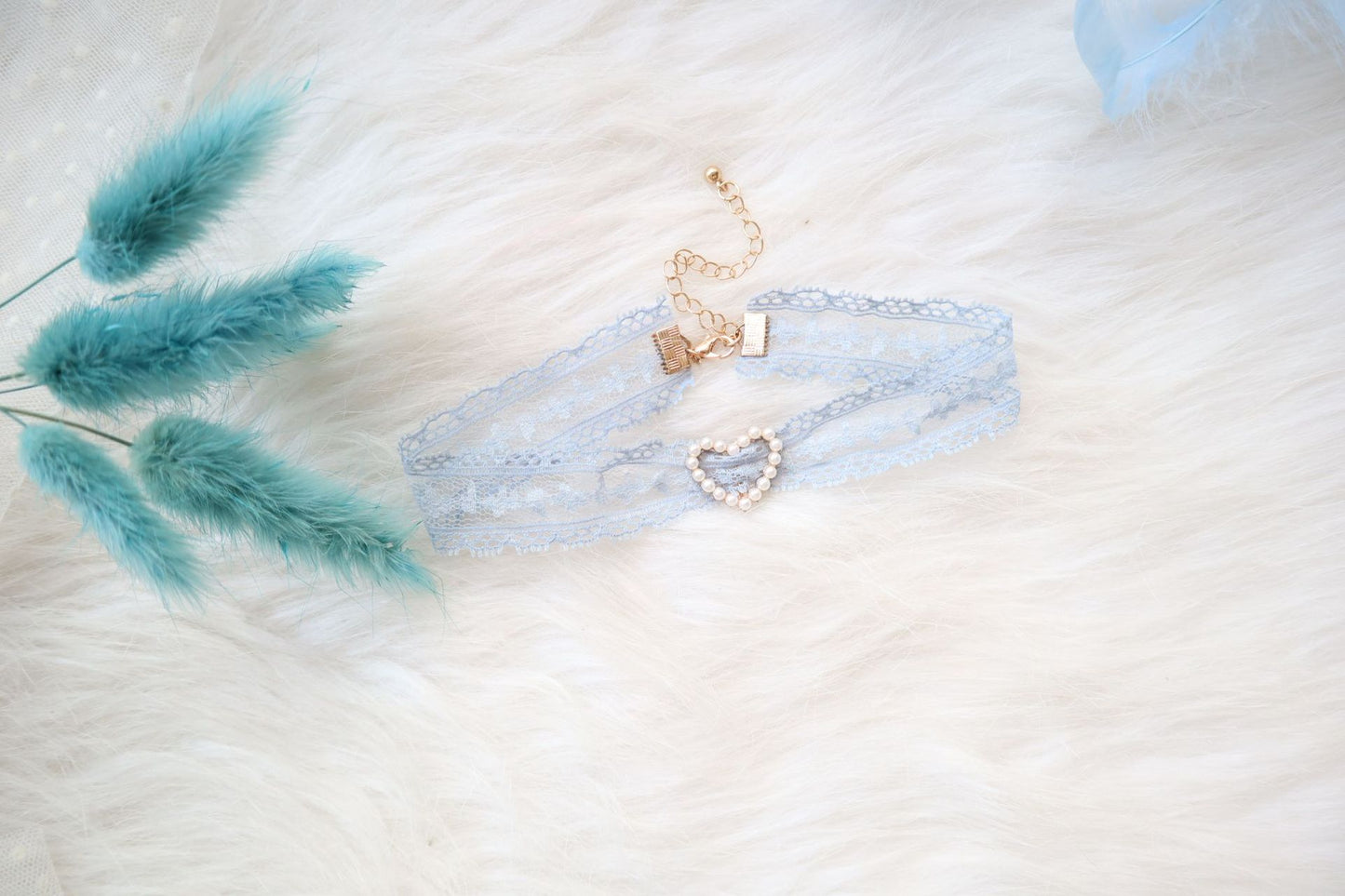 Sweet Accessory Gray Blue Lace Ribbon Pearl Choker Necklace