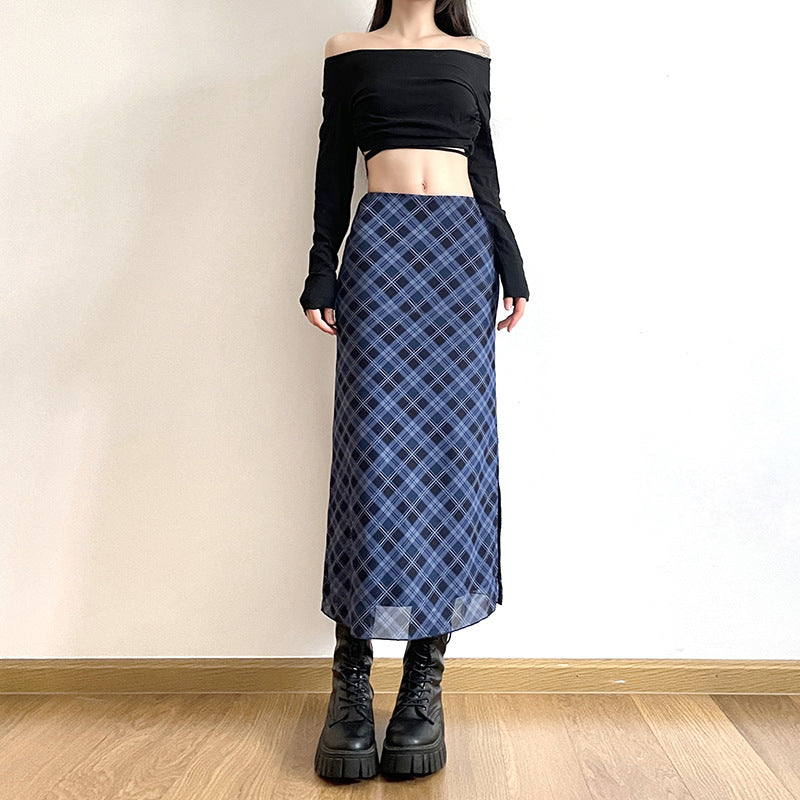 Preppy Style Retro Plaid Printed All-matching Slim Fit High Waist Slit Skirt