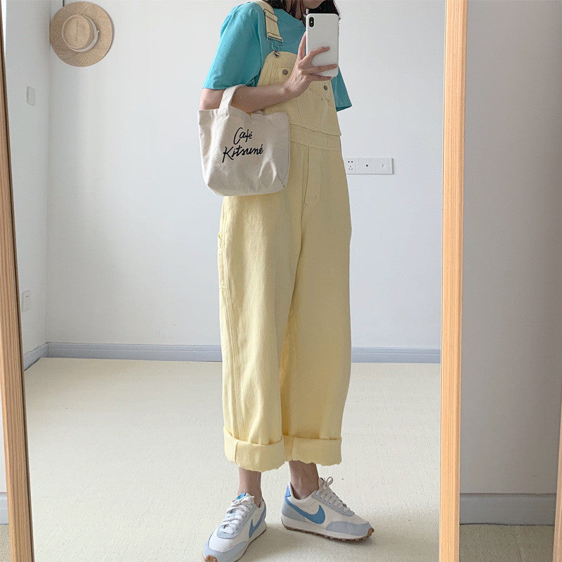 Japanese Style Yellow Suspender Pants For Women