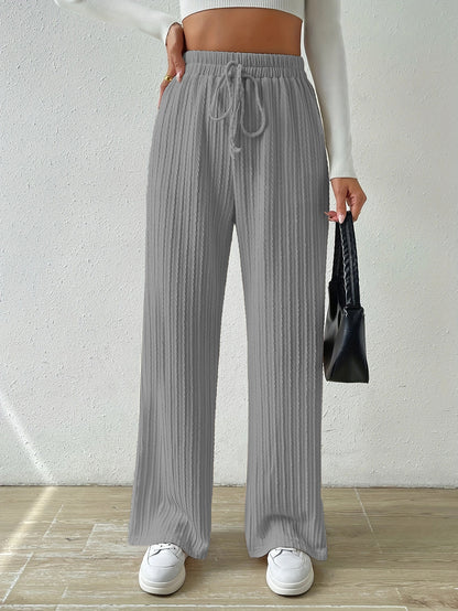 Knot Waist Texture Knitted Wide Leg Trousers Women's Clothing