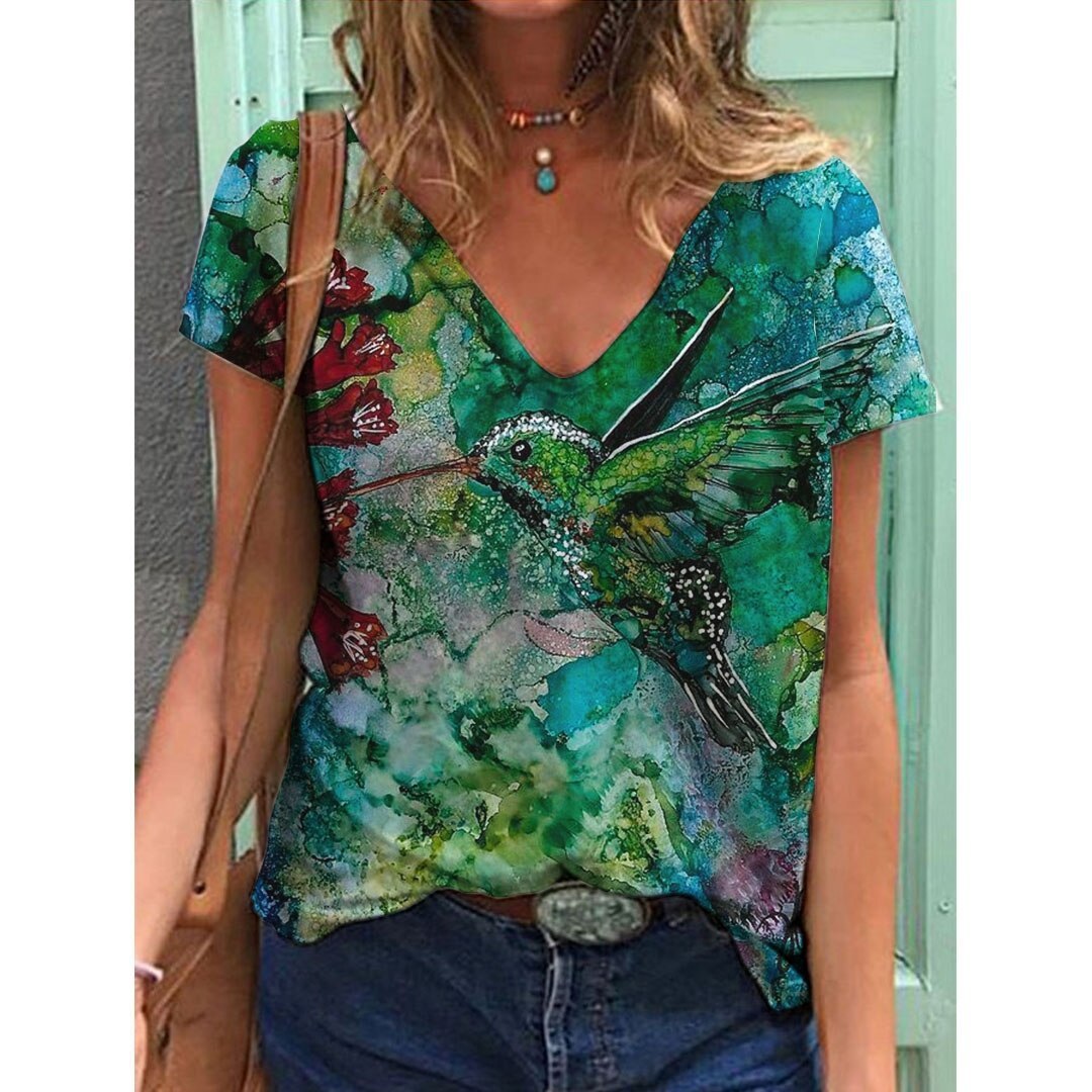 Women's Printed Short-sleeved T-shirt V-neck Loose Top