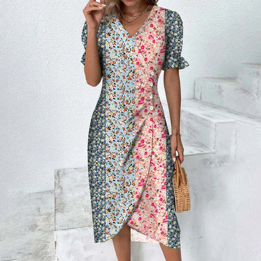 Women's Fashion Temperament Printed Collage Puff Sleeve Irregular Hem Dress