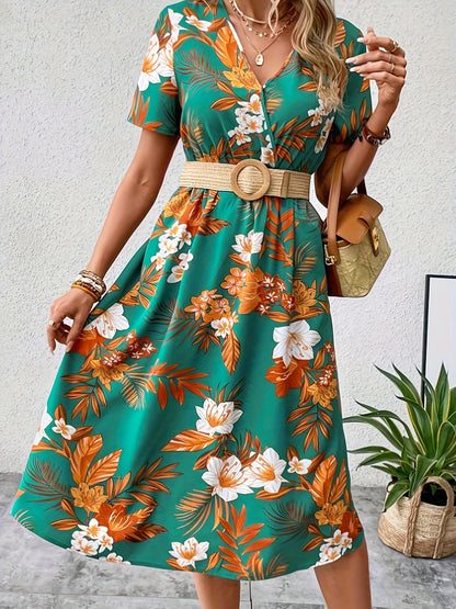 V-neck Short Sleeve Printed Midi Dress