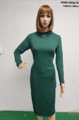 Temperament Crew Neck Sunken Stripe Solid Color Slim Fit Dress